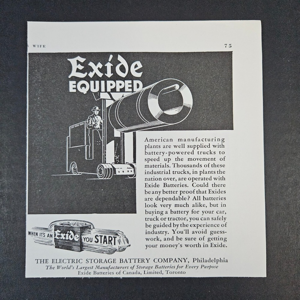 1941 Exide Electric Storage Battery Company Vintage Print Ad Fork Lift Truck